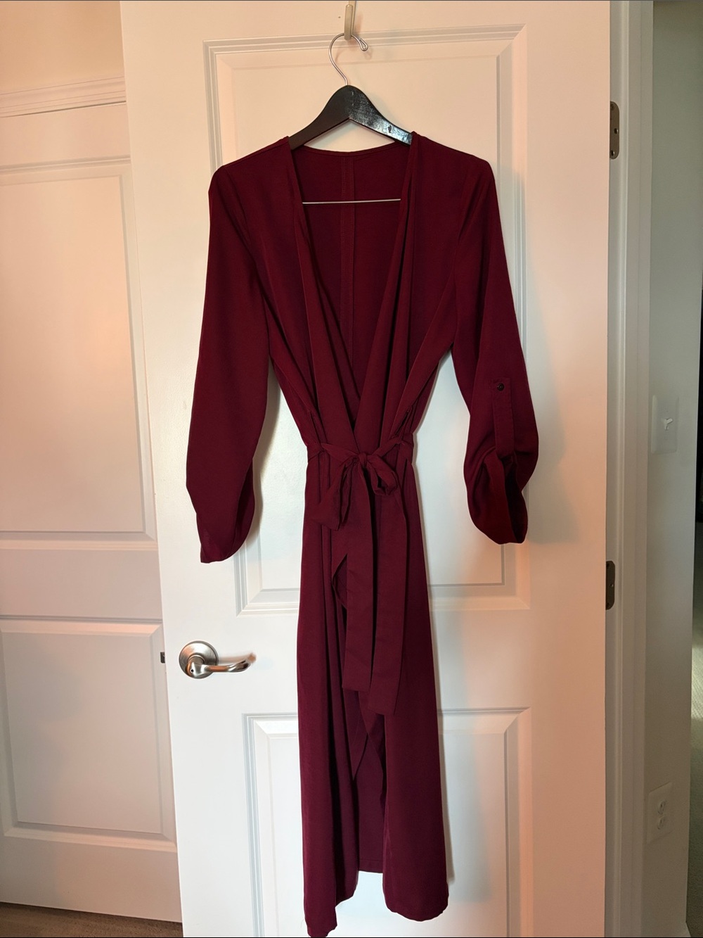 Women's Long Burgundy Wrap Dress with Tie Waist
